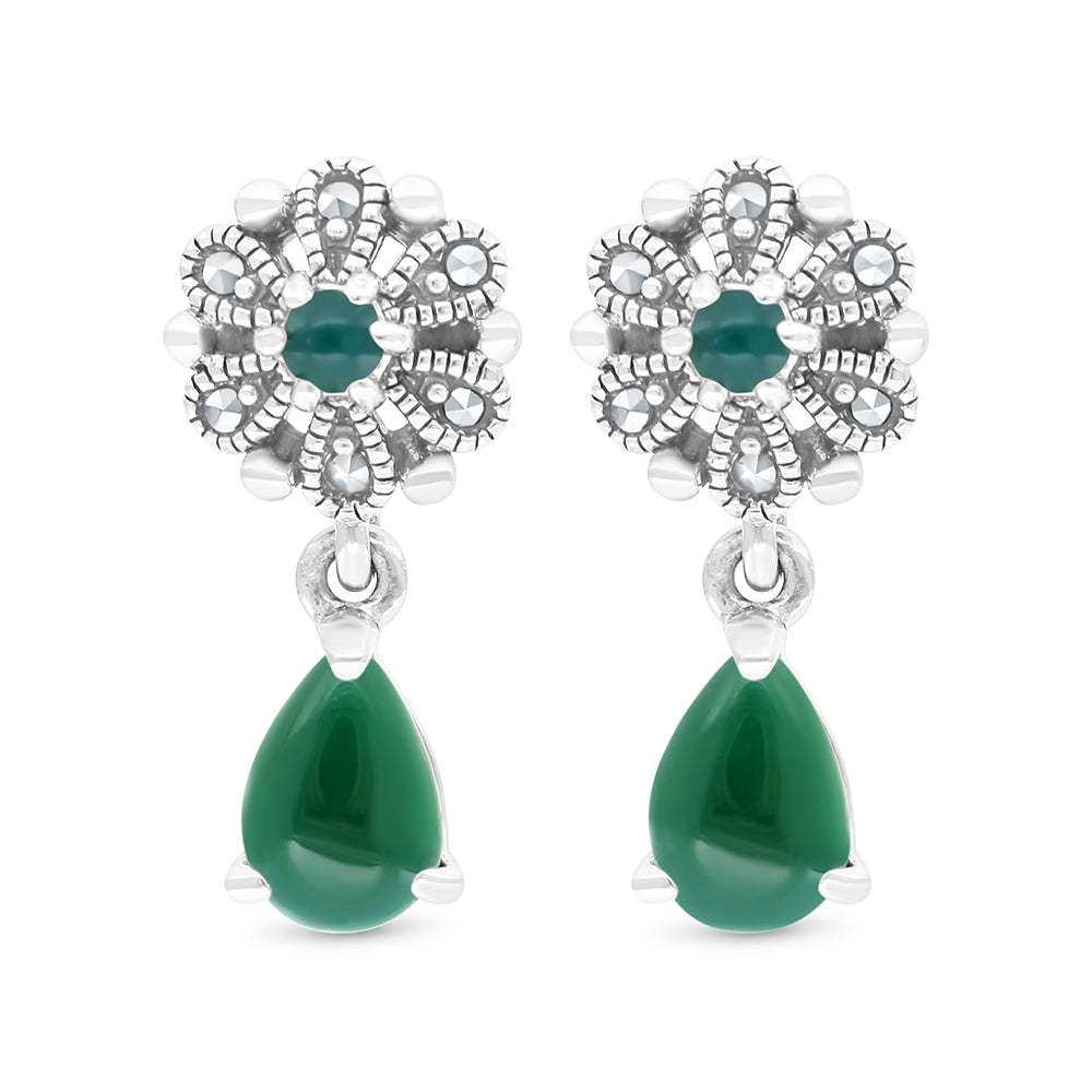 Sterling Silver 925 Set Embedded With Natural Green Agate And Marcasite Stones