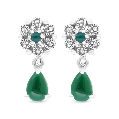 Sterling Silver 925 Set Embedded With Natural Green Agate And Marcasite Stones