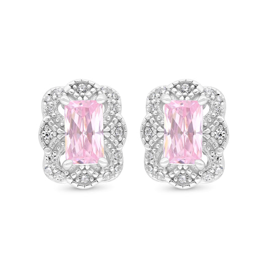 Sterling Silver 925 Earring Rhodium Plated Embedded With Pink Zircon And White Zircon