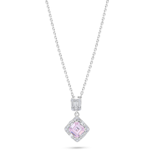 Sterling Silver 925 Necklace Rhodium Plated Embedded With Pink Zircon And White Zircon