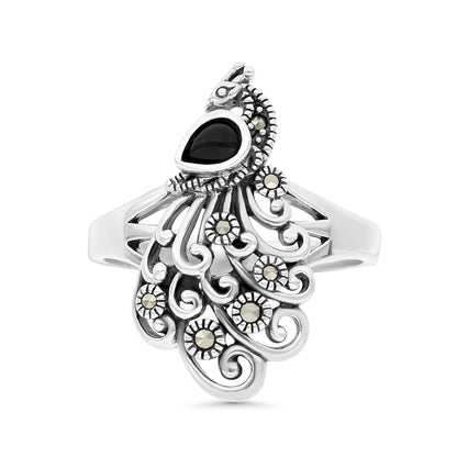 Sterling Silver 925 Ring Embedded With Natural Black Agate And Marcasite Stones