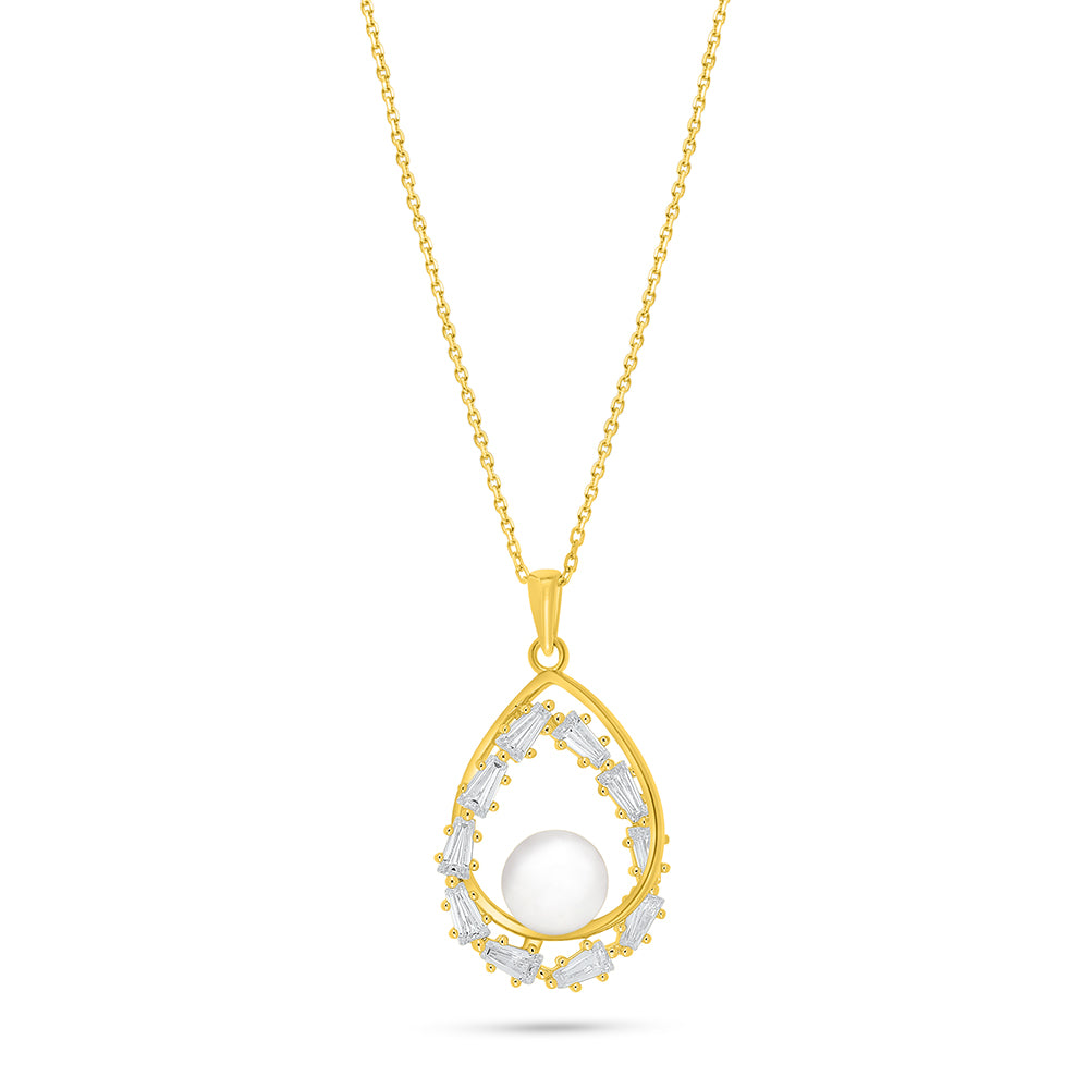 Sterling Silver 925 Necklace Golden Plated Embedded With Natural White Pearl And White Zircon