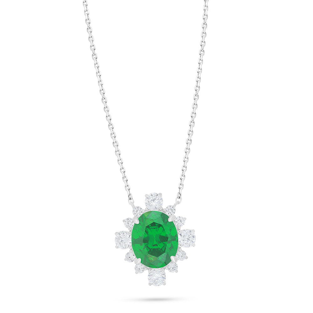 Sterling Silver 925 Necklace Rhodium Plated Embedded With Emerald Zircon And White Zircon