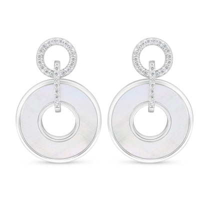 Sterling Silver 925 Earring Rhodium Plated Embedded With White shell And White Zircon
