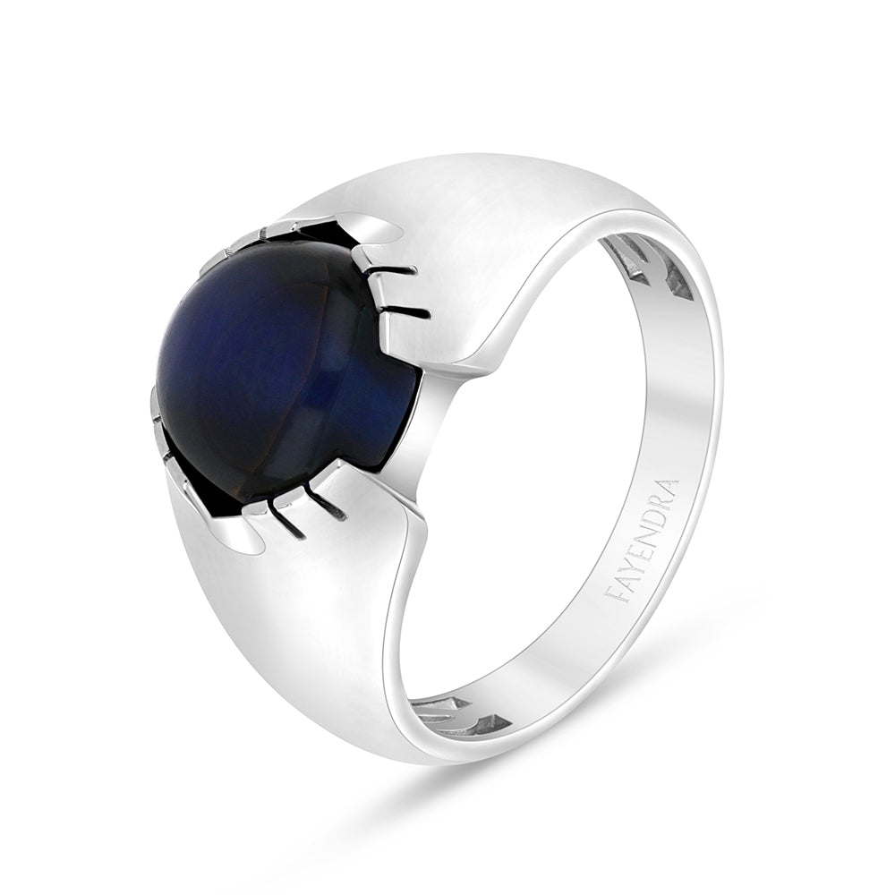 Sterling Silver 925 Ring Rhodium Plated Embedded With Cabochon Blue Tiger Eye For Men