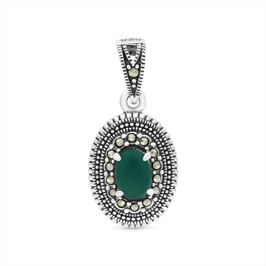 Sterling Silver 925 Pendant Embedded With Natural Green Agate And Marcasite Stones
