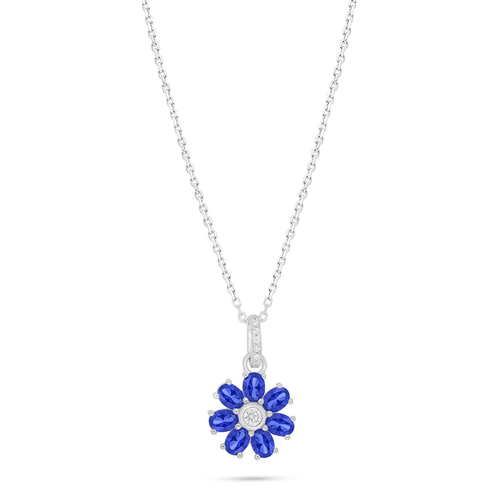 Sterling Silver 925 Necklace Rhodium Plated Embedded With Sapphire Corundum And White Zircon