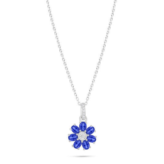 Sterling Silver 925 Necklace Rhodium Plated Embedded With Sapphire Corundum And White Zircon
