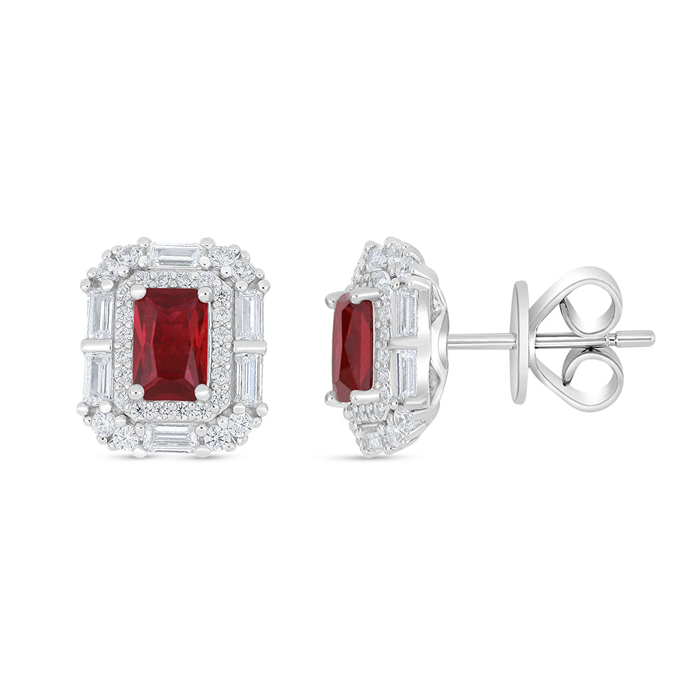 Sterling Silver 925 Earring Rhodium Plated Embedded With Ruby Corundum And White Zircon