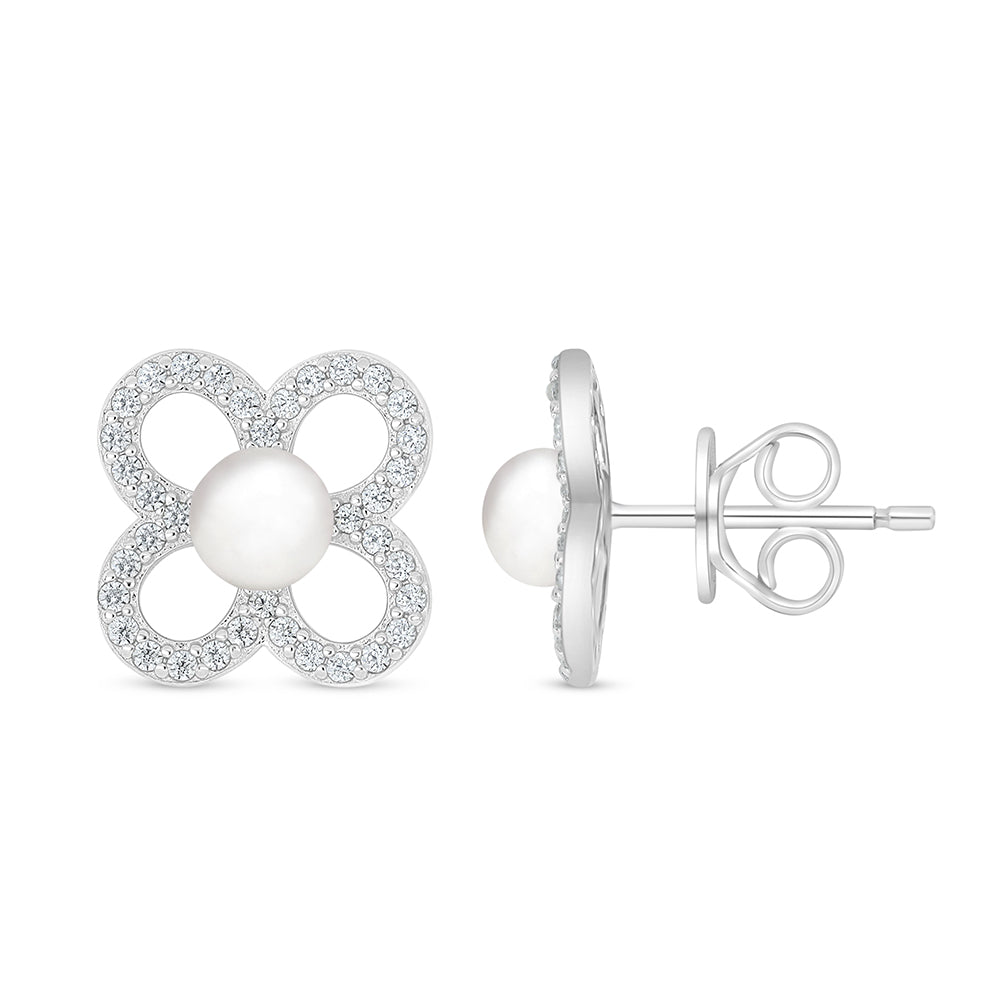 Sterling Silver 925 Earring Rhodium Plated Embedded With Natural White Pearl And White Zircon