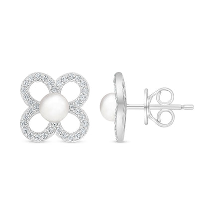 Sterling Silver 925 Earring Rhodium Plated Embedded With Natural White Pearl And White Zircon