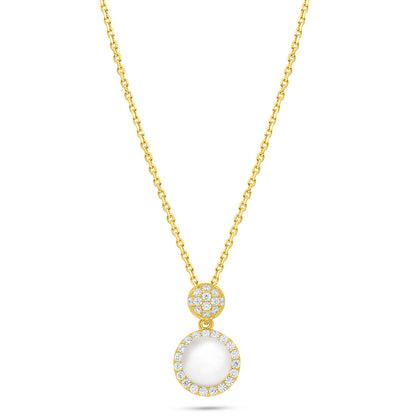 Sterling Silver 925 Necklace Golden Plated Embedded With Natural White Pearl And White Zircon