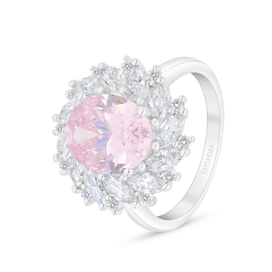Sterling Silver 925 Ring Rhodium Plated Embedded With Pink Zircon And White Zircon