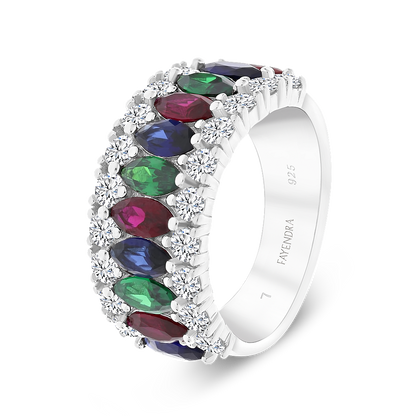 Sterling Silver 925 Ring Rhodium Plated Sapphire Corundum , Ruby Corundum , Emerald Zircon