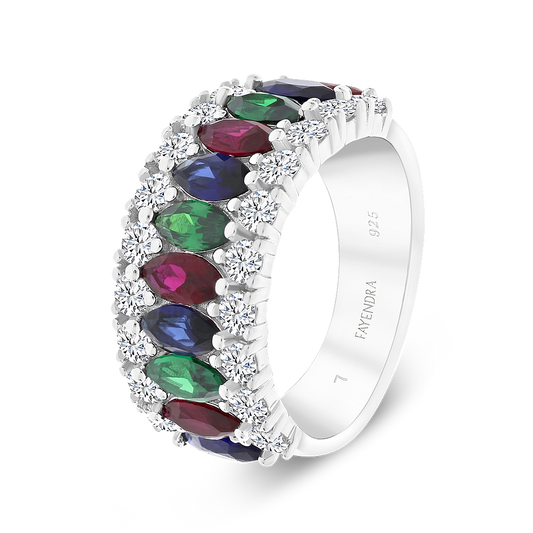 Sterling Silver 925 Ring Rhodium Plated Sapphire Corundum , Ruby Corundum , Emerald Zircon