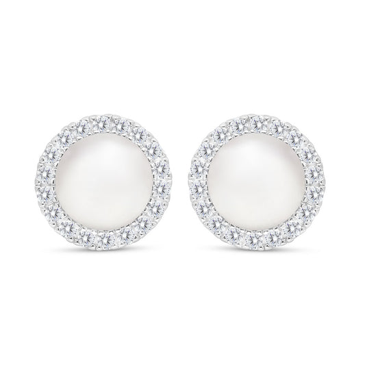 Sterling Silver 925 Earring Rhodium Plated Embedded With White Shell Pearl And White CZ