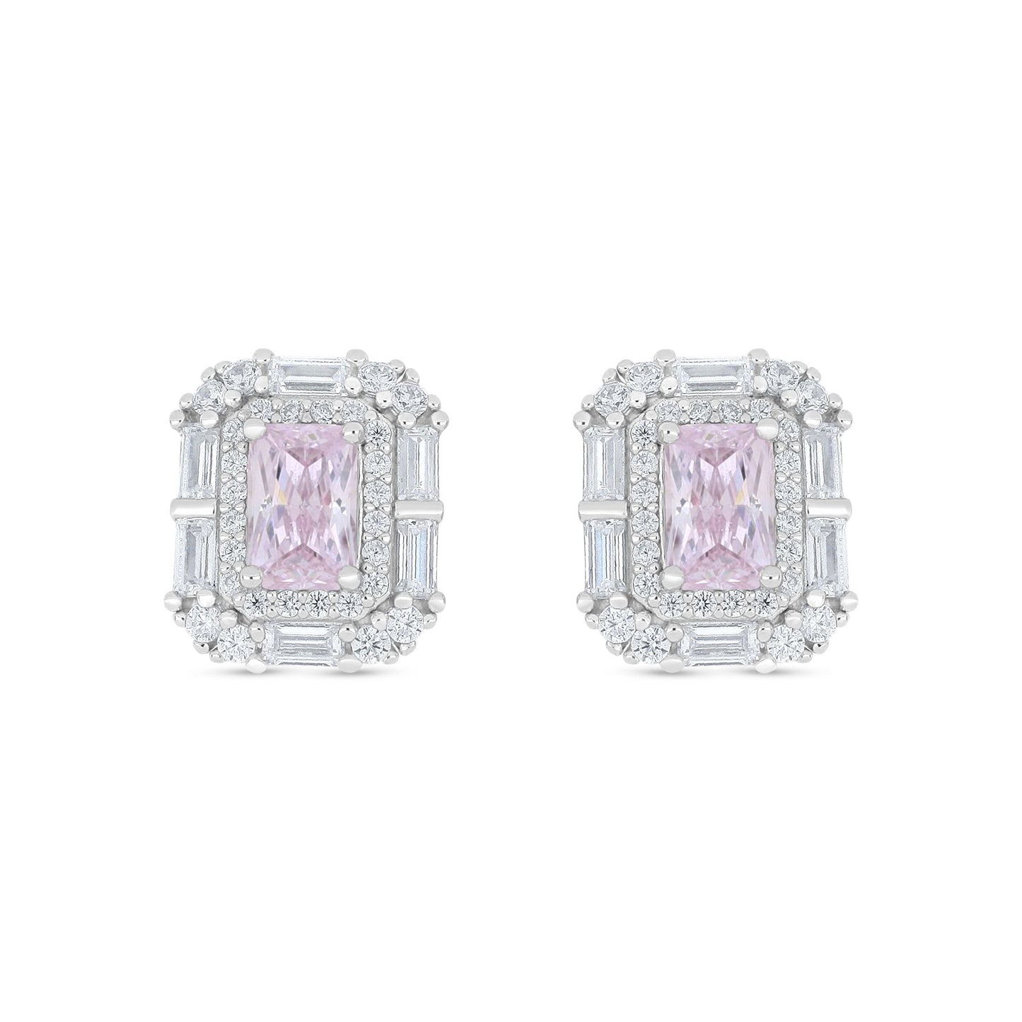Sterling Silver 925 Earring Rhodium Plated Embedded With Pink Zircon And White Zircon