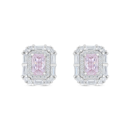 Sterling Silver 925 Earring Rhodium Plated Embedded With Pink Zircon And White Zircon