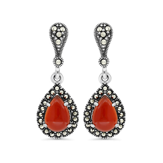 Sterling Silver 925 Earring Embedded With Natural Aqiq And Marcasite Stones