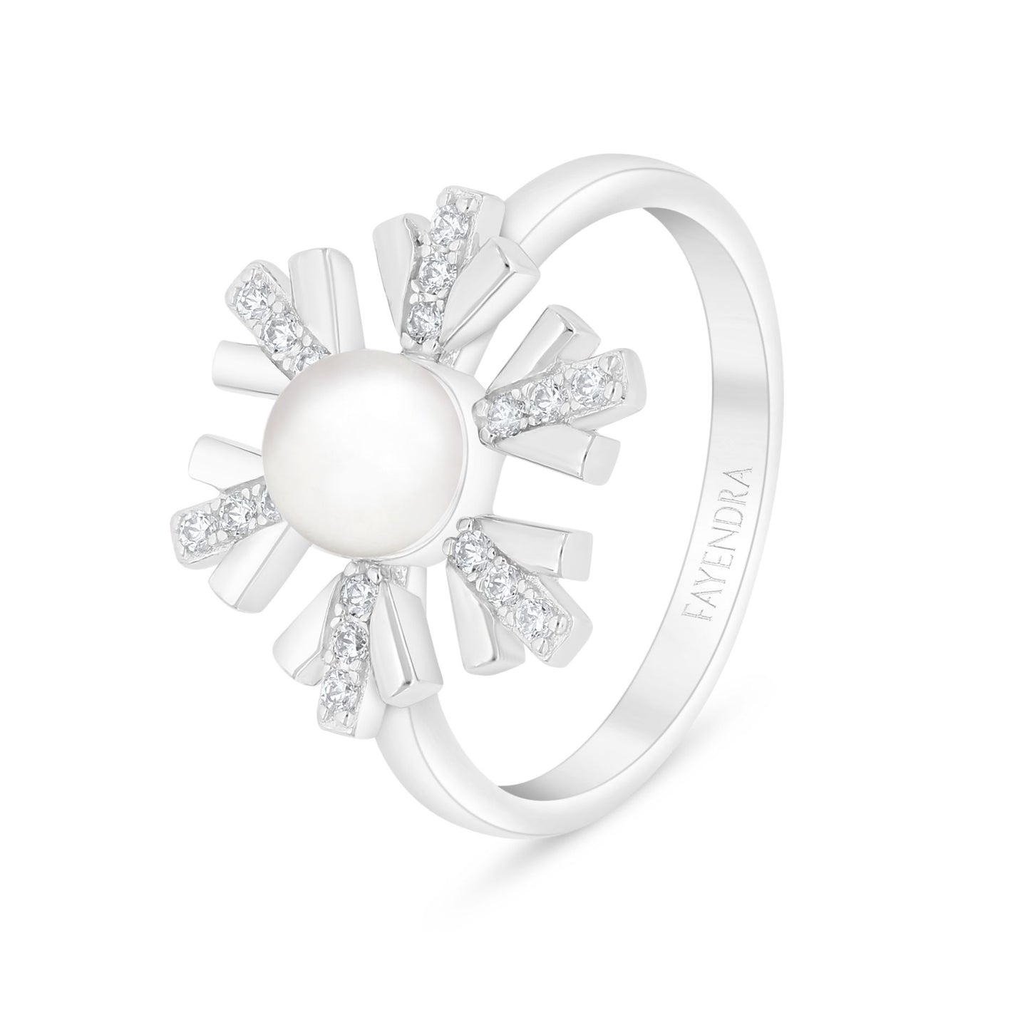 Sterling Silver 925 Ring Rhodium Plated Embedded With Natural White Pearl And White Zircon