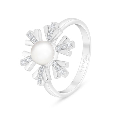 Sterling Silver 925 Ring Rhodium Plated Embedded With Natural White Pearl And White Zircon