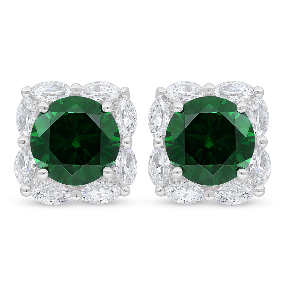 Sterling Silver 925 Earring Rhodium Plated Embedded With Emerald Zircon And White Zircon