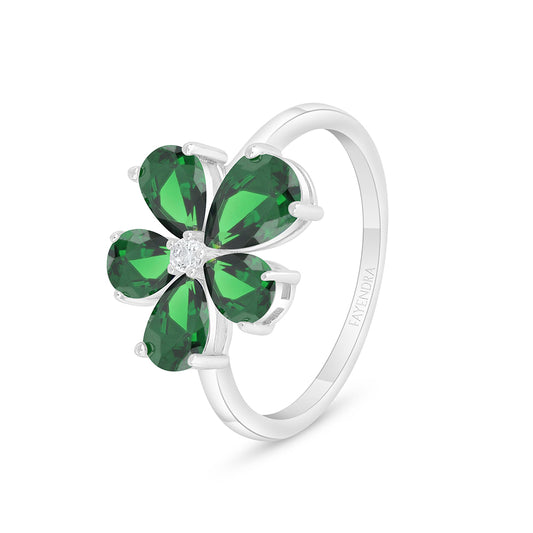 Sterling Silver 925 Ring Rhodium Plated Embedded With Emerald Zircon And White Zircon
