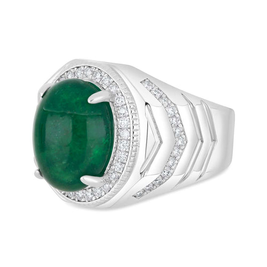 خاتم رجالي عيار 925 مطلي روديوم مرصع بحجر الزمرد الطبيعي و الالماس الطبيعي سي في دي جودة في في اس