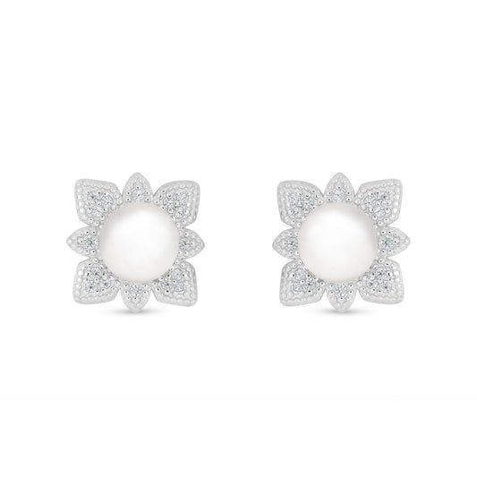 Sterling Silver 925 Earring Rhodium Plated Embedded With Natural White Pearl And White Zircon