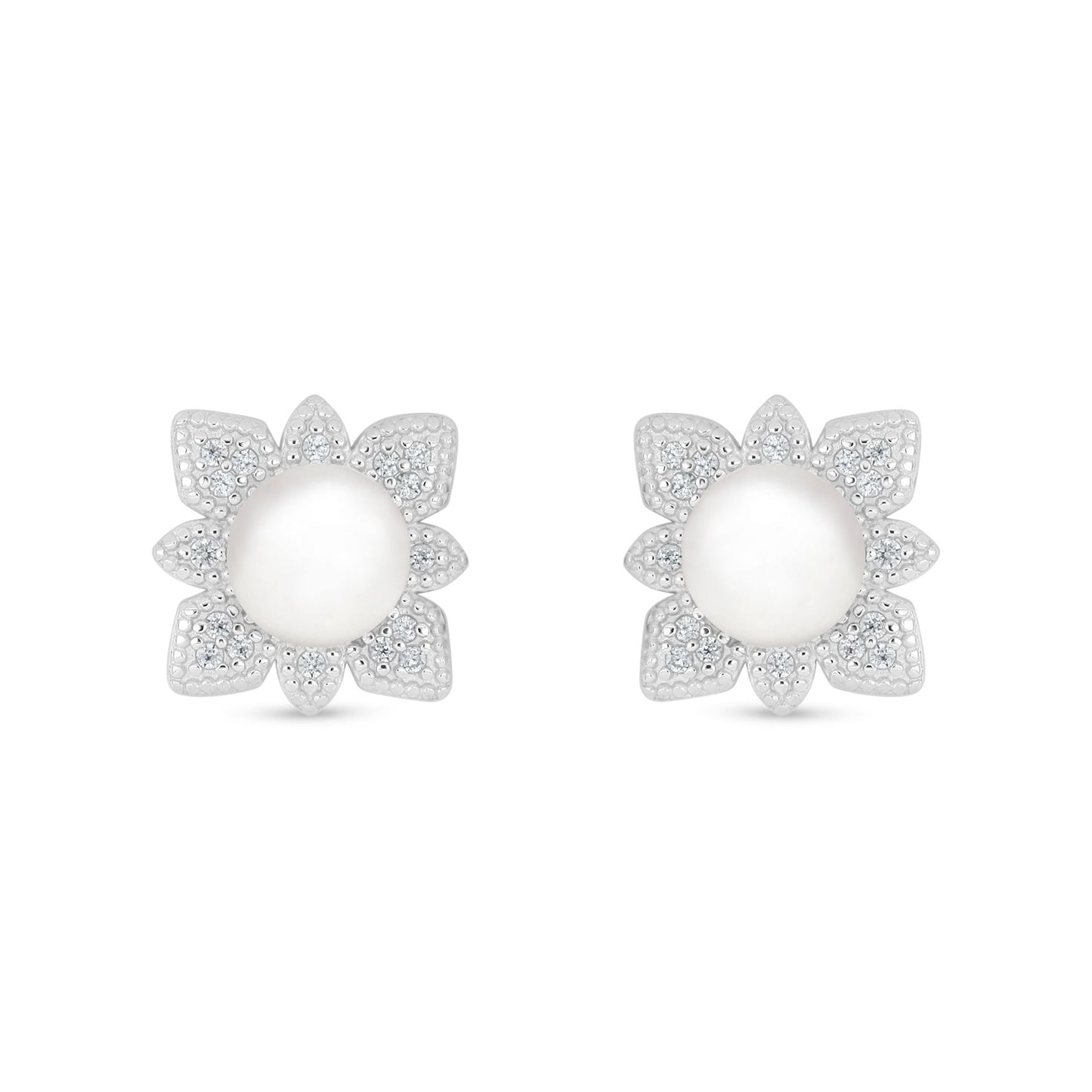 Sterling Silver 925 Earring Rhodium Plated Embedded With Natural White Pearl And White Zircon