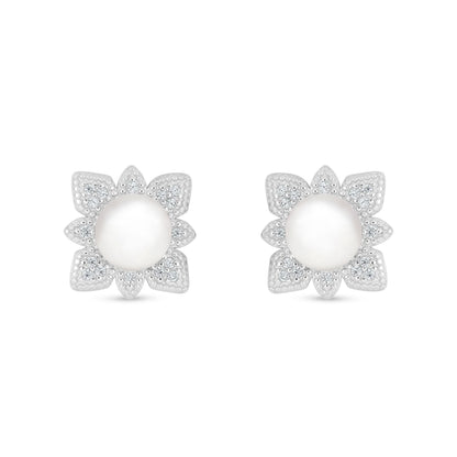 Sterling Silver 925 Earring Rhodium Plated Embedded With Natural White Pearl And White Zircon