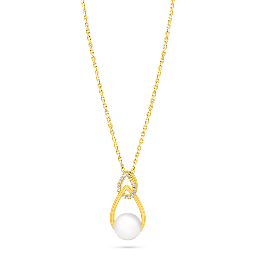 Sterling Silver 925 Necklace Golden Plated Embedded With Natural White Pearl And White Zircon