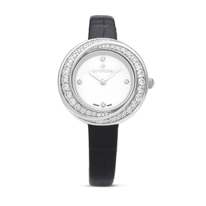 Stainless Steel 316 Watch Silver Color Black Leather Embedded With White Zircon - White MOP DIAL