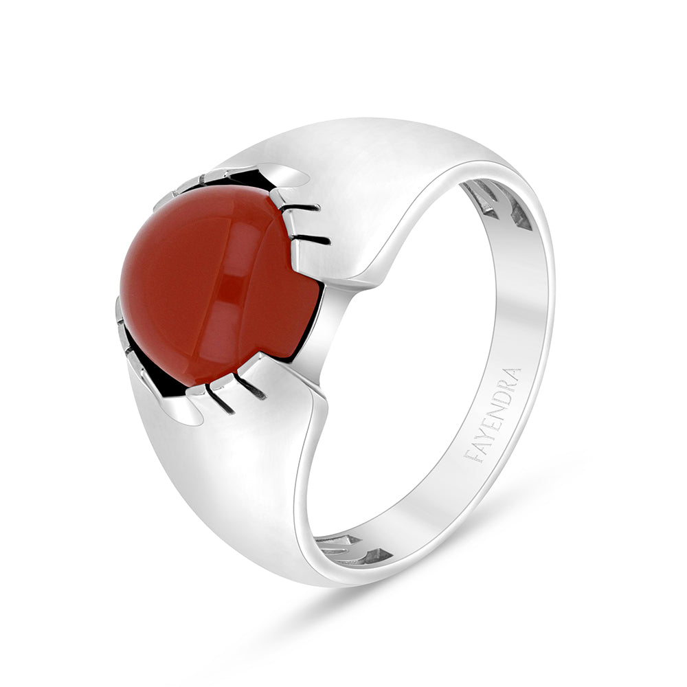 Sterling Silver 925 Ring Rhodium Plated Embedded With Cabochon Red Agate For Men
