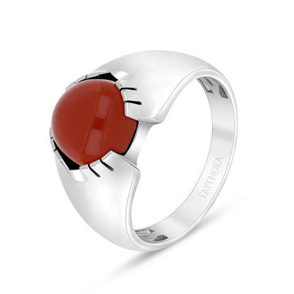 Sterling Silver 925 Ring Rhodium Plated Embedded With Cabochon Red Agate For Men