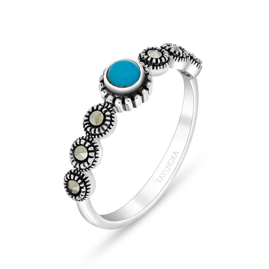 Sterling Silver 925 Ring Embedded With Natural Processed Turquoise And Marcasite Stones
