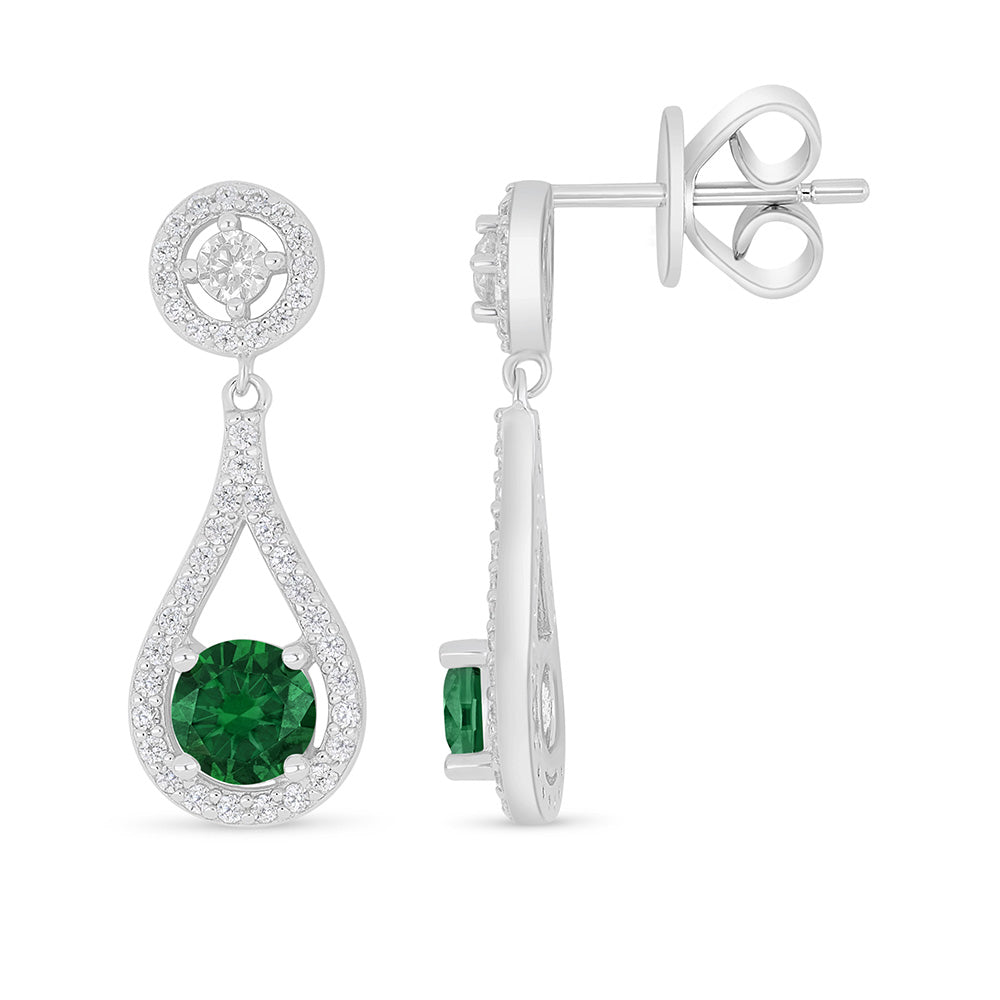 Sterling Silver 925 Earring Rhodium Plated Embedded With Emerald Zircon And White Zircon