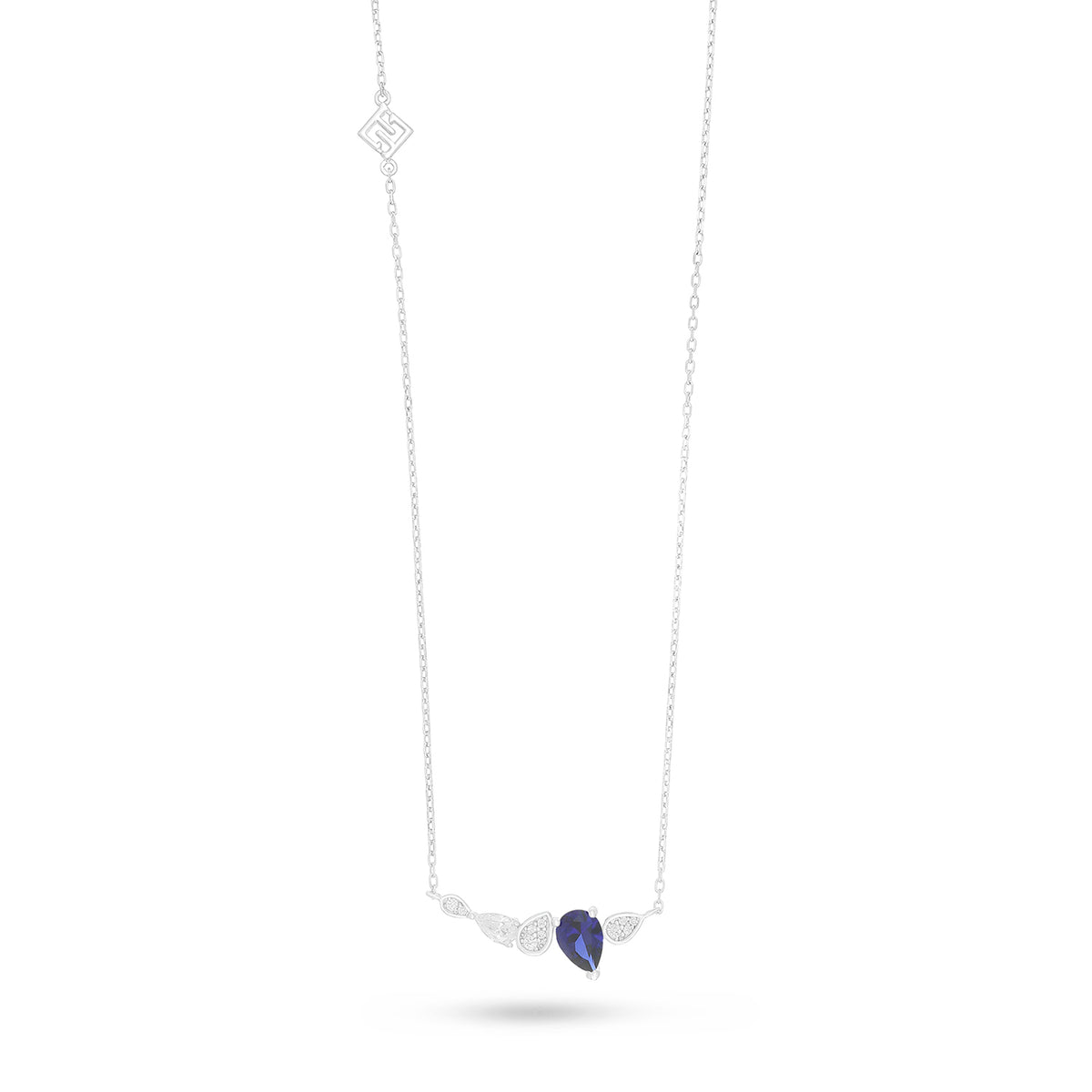 Sterling Silver 925 Necklace Rhodium Plated Embedded With Sapphire Corundum And White Zircon