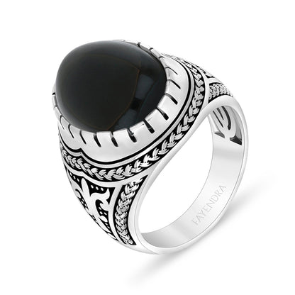 Sterling Silver 925 Ring Rhodium And Black Plated Embedded With Cabochon Black Agate For Men