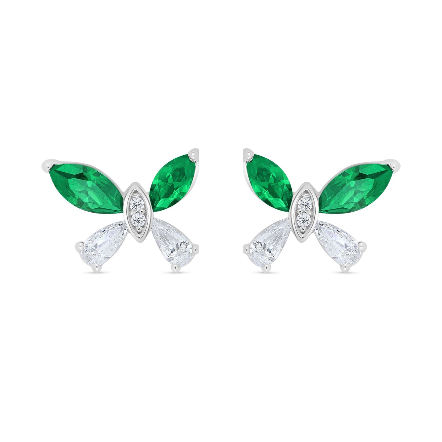 Sterling Silver 925 Earring Rhodium Plated Embedded With Emerald Zircon And White Zircon
