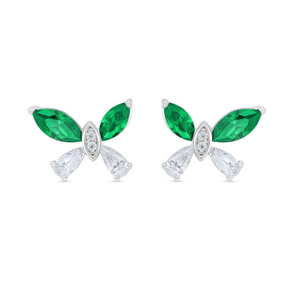 Sterling Silver 925 Earring Rhodium Plated Embedded With Emerald Zircon And White Zircon