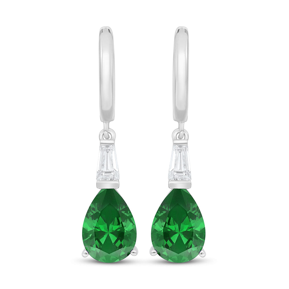Sterling Silver 925 Earring Rhodium Plated Embedded With Emerald Zircon And White Zircon