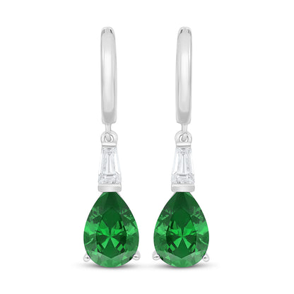 Sterling Silver 925 Earring Rhodium Plated Embedded With Emerald Zircon And White Zircon
