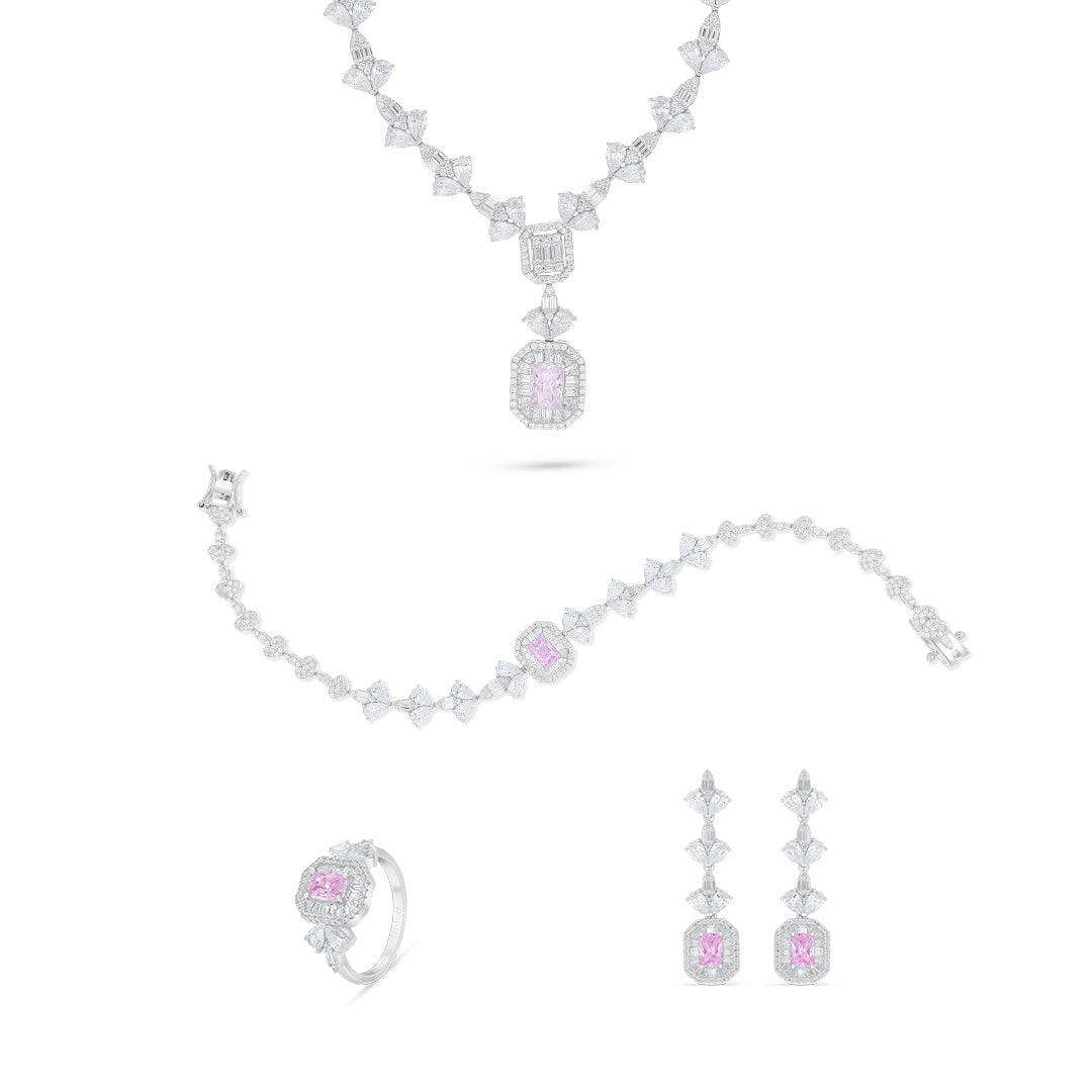 Sterling Silver 925 Set Rhodium Plated Embedded With Pink Zircon And White Zircon