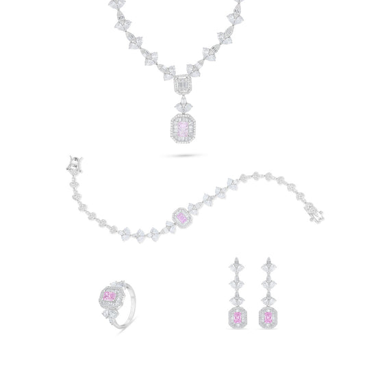 Sterling Silver 925 Set Rhodium Plated Embedded With Pink Zircon And White Zircon