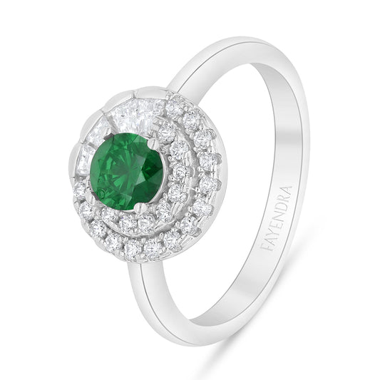 Sterling Silver 925 Ring Rhodium Plated Embedded With Emerald Zircon And White Zircon