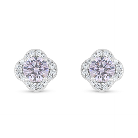 Sterling Silver 925 Earring Rhodium Plated Embedded With Pink Zircon And White Zircon