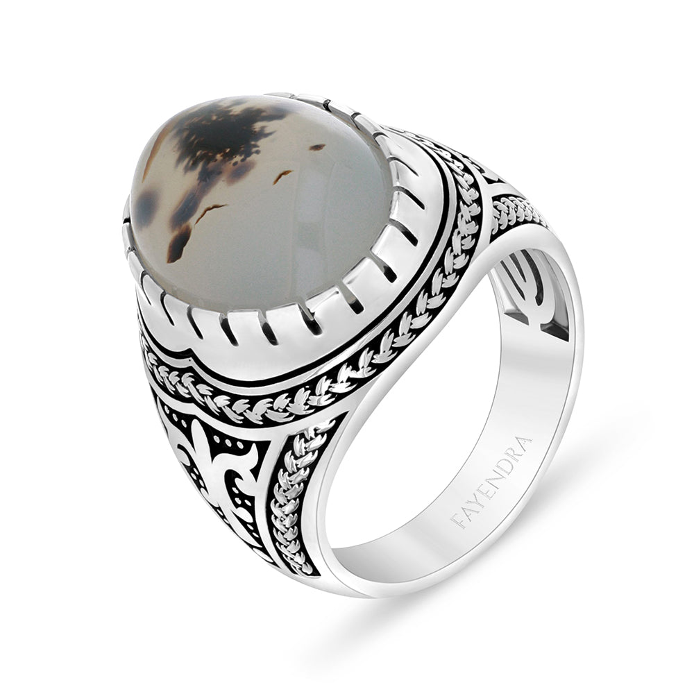 Sterling Silver 925 Ring Rhodium And Black Plated Embedded With Cabochon Natural Agate For Men