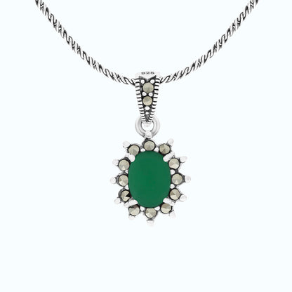 Sterling Silver 925 Pendant Embedded With Natural Green Agate And Marcasite Stones