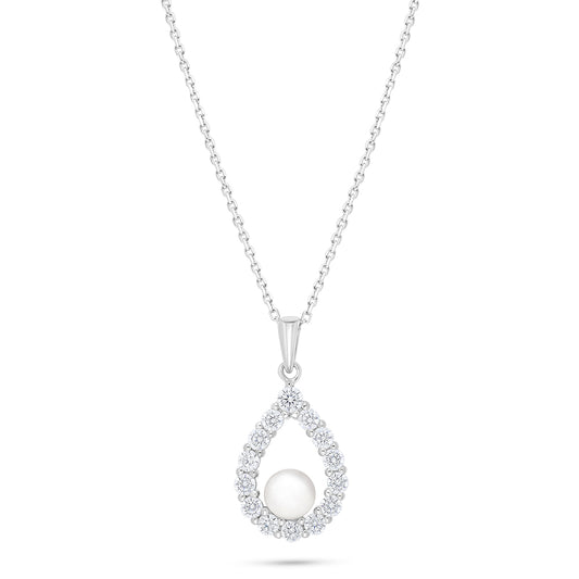 Sterling Silver 925 Necklace Rhodium Plated Embedded With Natural White Pearl And White Zircon
